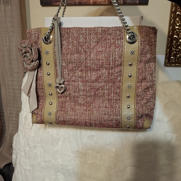 Brighton Josette Pink Tweed and Tan Patent Leather Women's  Handbag Tote Bag - Picture 4 of 14